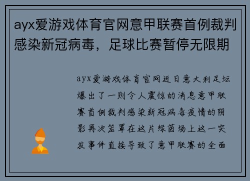 ayx爱游戏体育官网意甲联赛首例裁判感染新冠病毒，足球比赛暂停无限期
